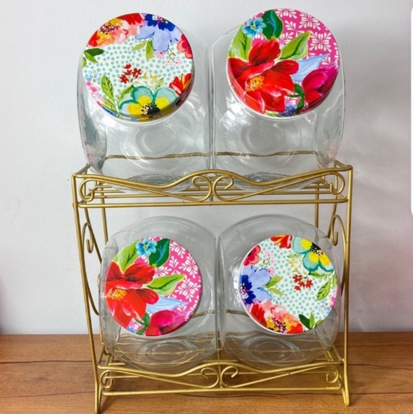 ❤️ Rare Pre-loved Floral Medley Glass Jars with Metal Rack - Picture 6 of 8